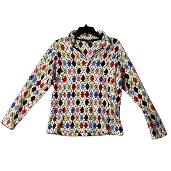 Lands' End ThermaCheck Fleece Argyle Pullover Sweatshirt Women Small 1/4 Zip - Picture 1 of 9